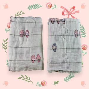 Aden + Anais Set 2 Cotton Muslin White Pink Purple Birds Swaddler Baby Blankets